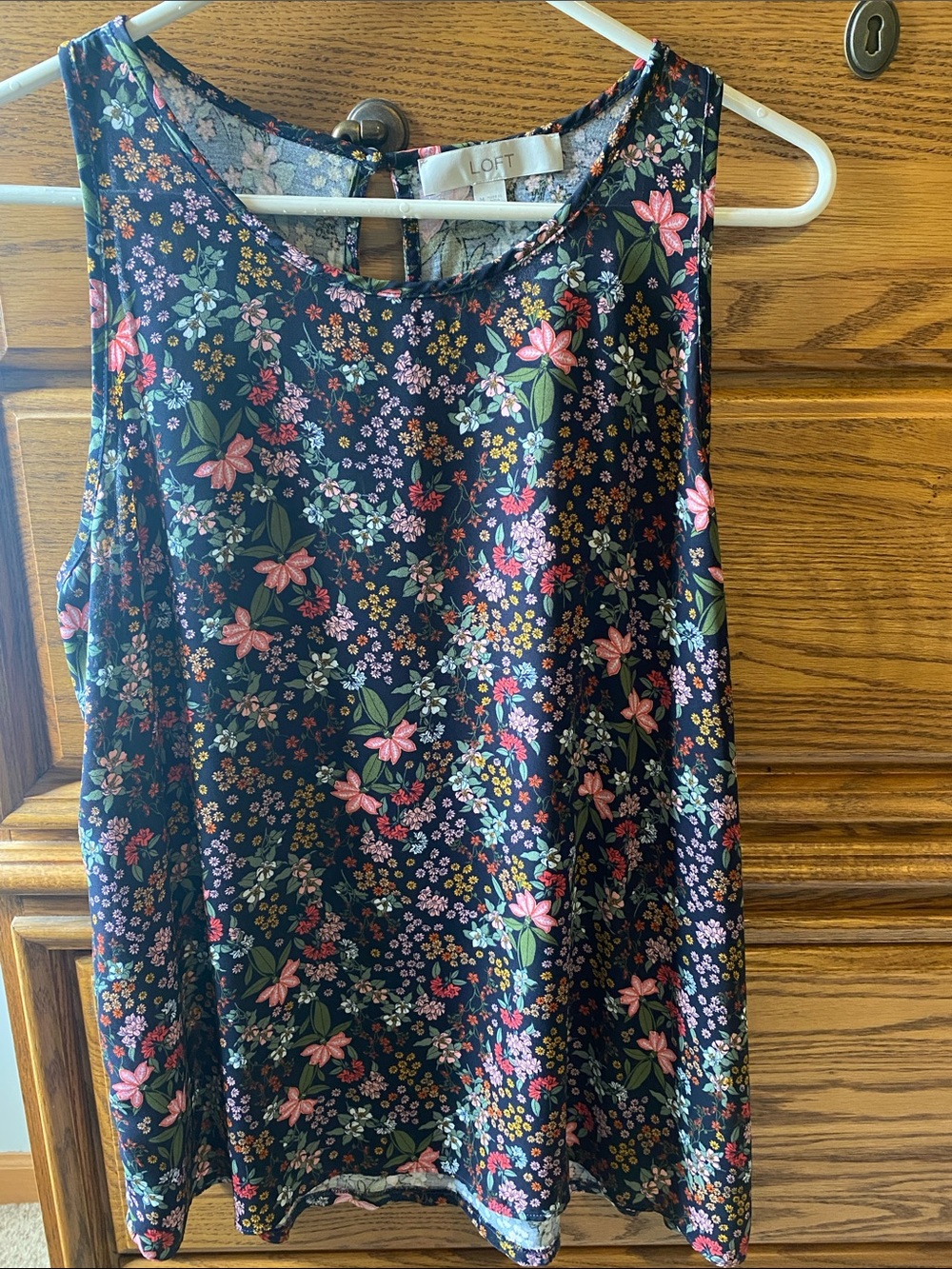 LOFT Navy Floral Tank with Pink and Green Print